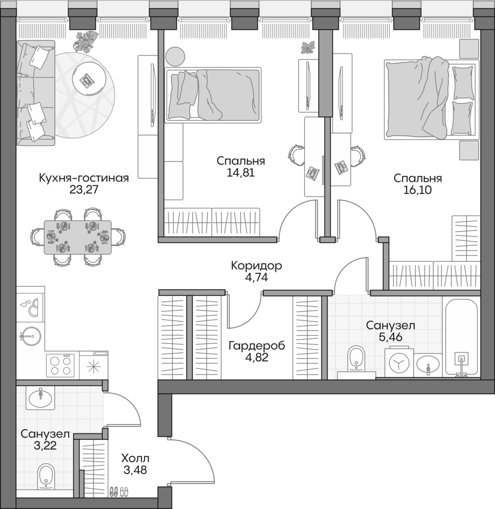 3-комн., 74.8 м², 16/16 этаж, ЖК «Инсайдер»