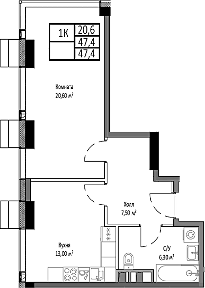 1-комн., 47.4 м², 4/35 этаж, ЖК «Мираполис»