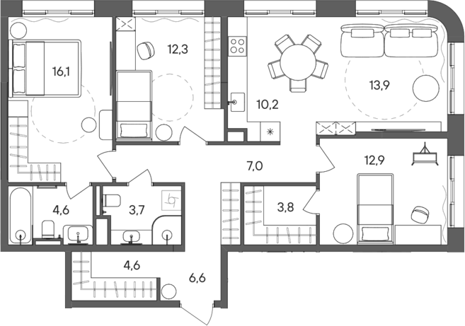 4+ комнаты, 95.7 м², 25/28 этаж, ЖК «СТОУН Сокольники»