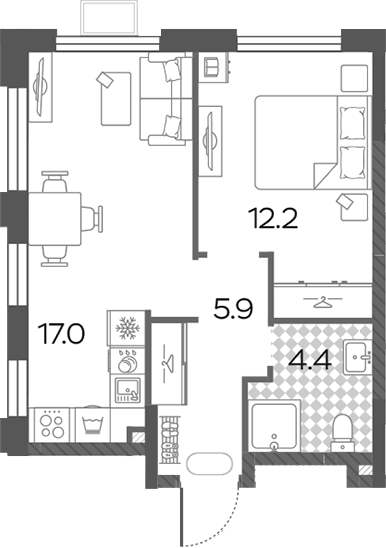 2-комн., 39.5 м², 23/24 этаж, ЖК «Лучи»