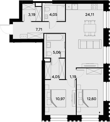 3-комн., 72.93 м², 2/52 этаж, ЖК «УЛЬТИМА Сити»