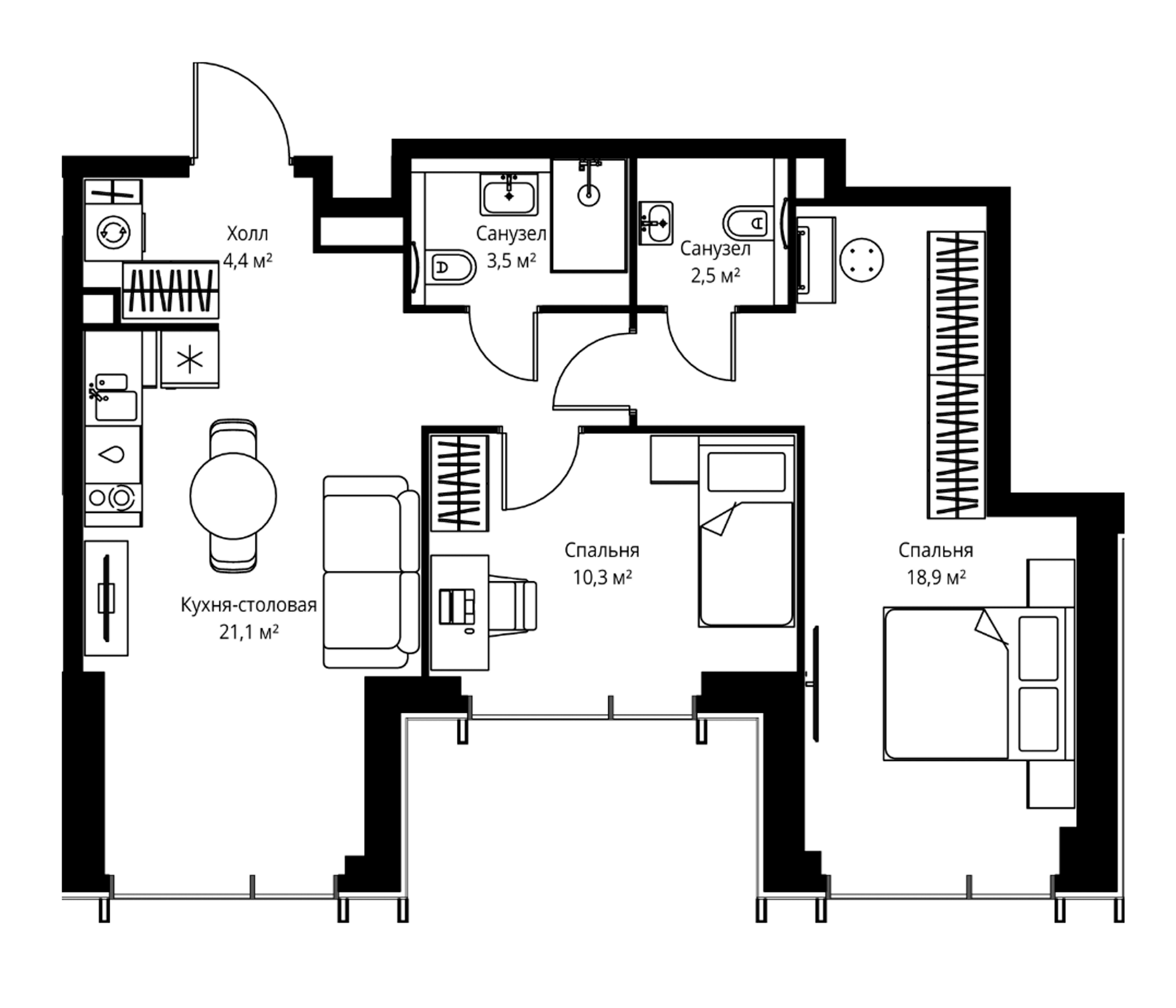 3-комн., 60.7 м², 48/59 этаж, ЖК «Веер»