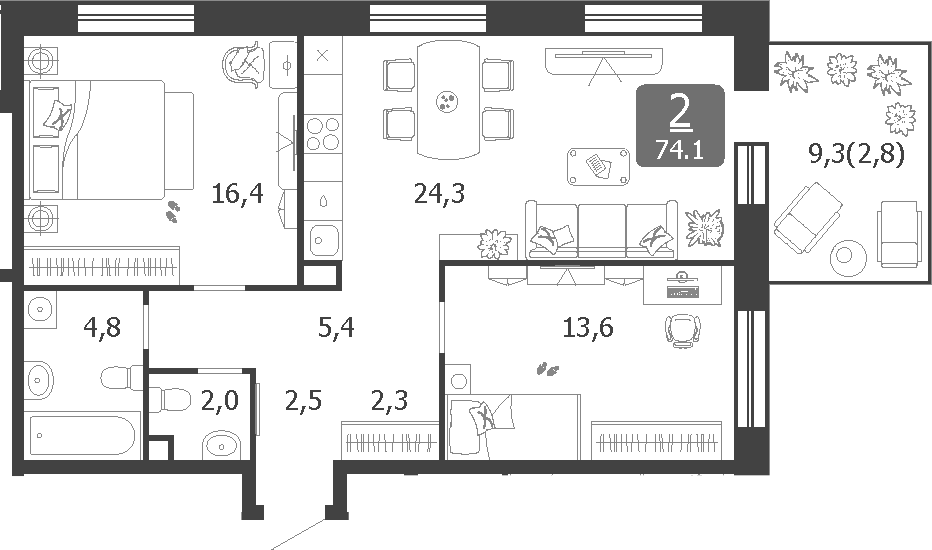 3-комн., 71.3 м², 2/19 этаж, ЖК «Шагал»