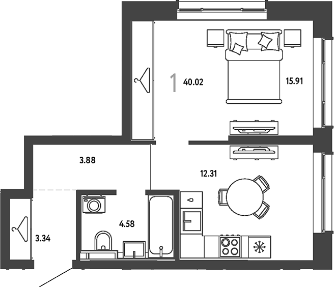 1-комн., 40.02 м², 24/24 этаж, ЖК «Страна.Парковая»