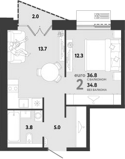 2-комн., 34.8 м², 6/12 этаж, ЖК «Страна.Заречная»