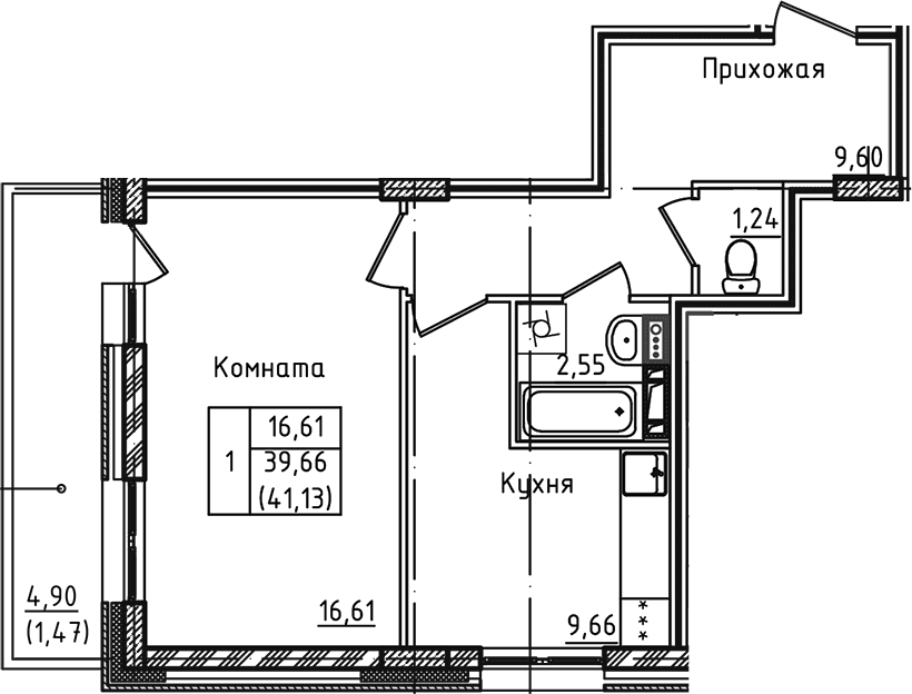 1-комн., 39.66 м², 2/5 этаж, ЖК «Зеленый город»