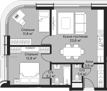 3-комн., 55.2 м², 47/53 этаж, ЖК «Сити Бэй»