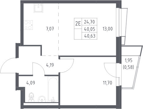 2-комн., 40.05 м², 24/24 этаж, ЖК «Квартал Авиаторов»