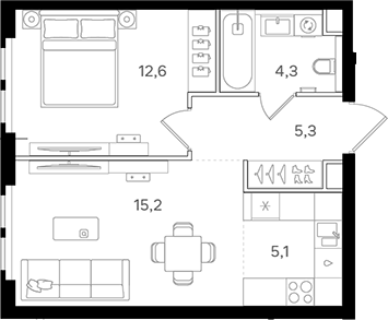 2-комн., 42.5 м², 15/25 этаж, ЖК «НАЗАРЕ»