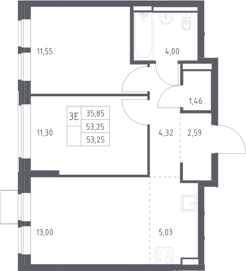3-комн., 53.25 м², 10/12 этаж, ЖК «Богдановский лес»