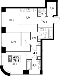 3-комн., 76.8 м², 8/47 этаж, ЖК «Амбер Сити»
