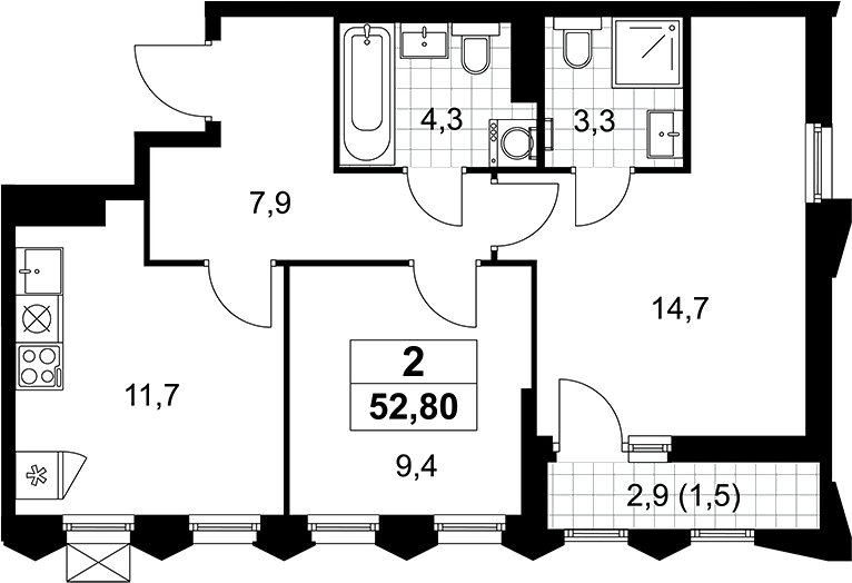 2-комн., 51.3 м², 14/16 этаж, ЖК «Деснаречье»