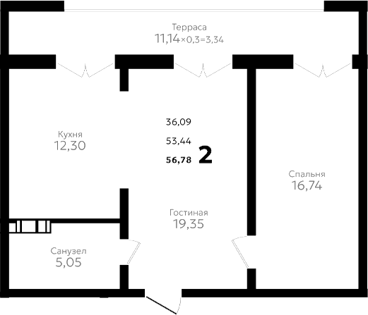 2-комн., 53.44 м², 2/16 этаж, ЖК «Твин парк»