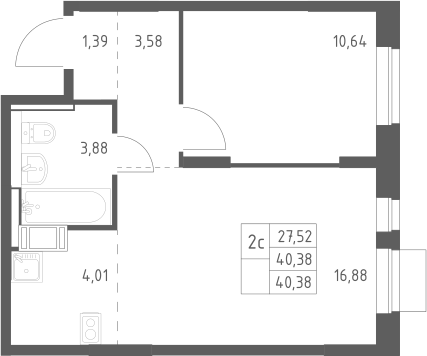 2-комн., 40.38 м², 7/12 этаж, ЖК «Пятницкие Луга»