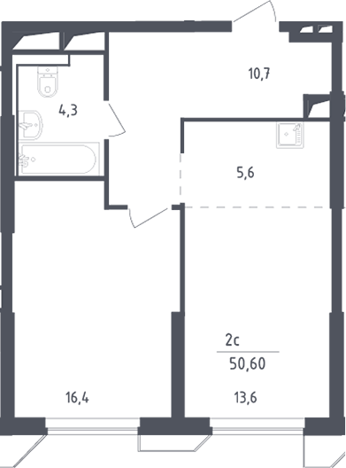 2-комн., 50.6 м², 12/30 этаж, ЖК «Скай Спутник»
