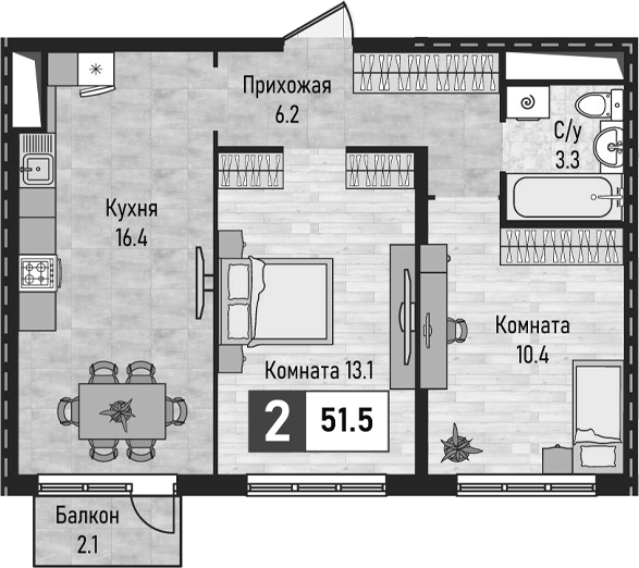 2-комн., 49.4 м², 8/12 этаж, ЖК «Живописный»
