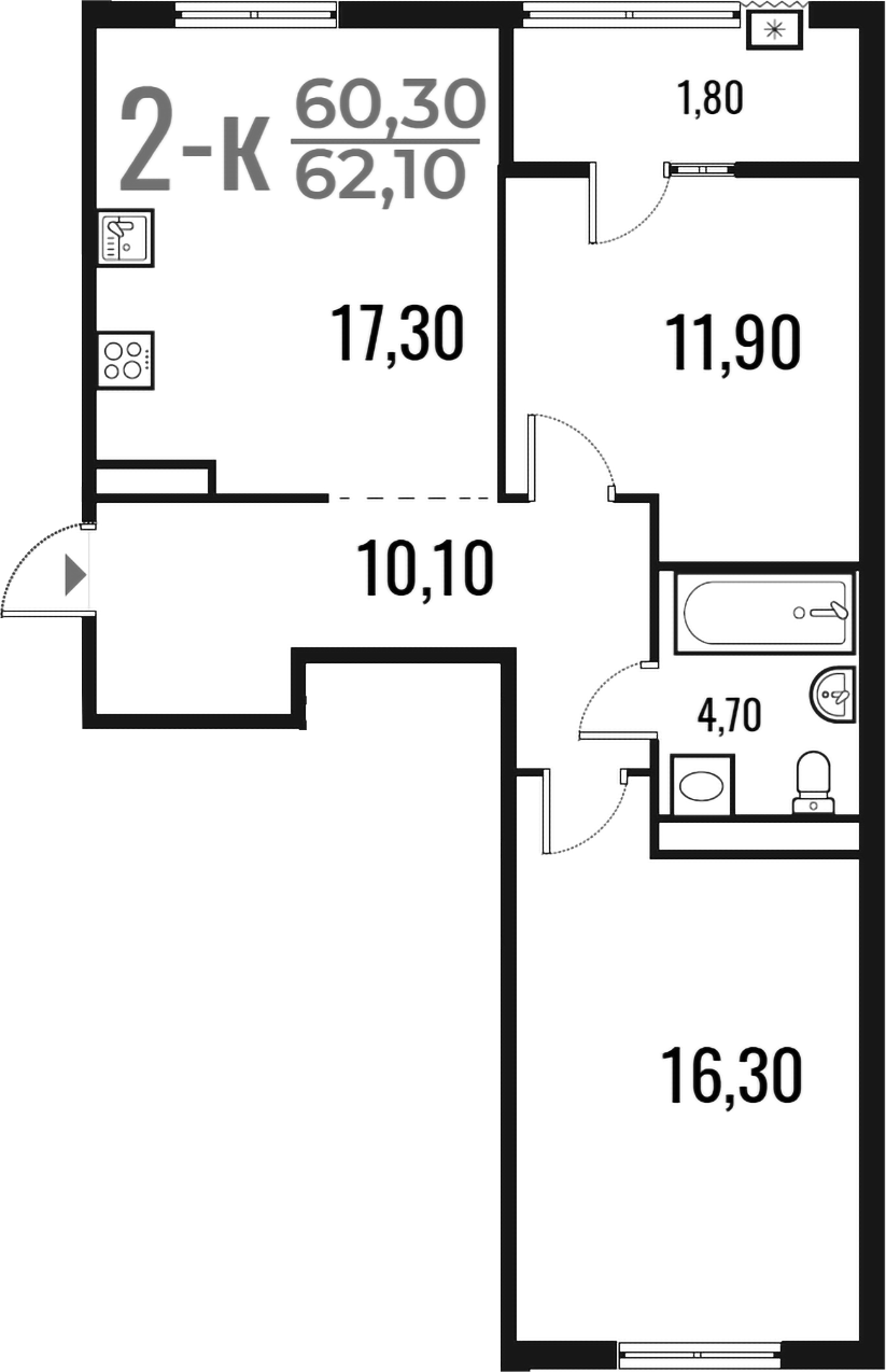 2-комн., 60.3 м², 6/7 этаж, ЖК «Новое Летово»