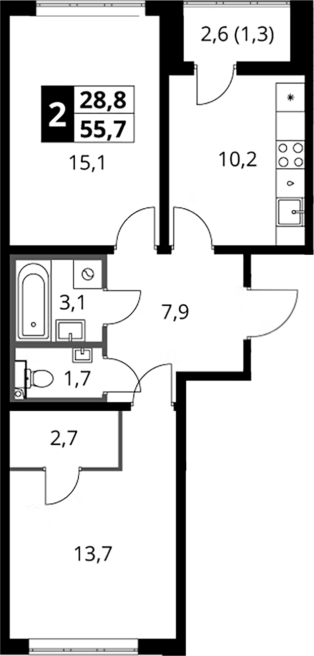 2-комн., 54.4 м², 2/24 этаж, ЖК «1-й Южный»