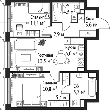 3-комн., 63.3 м², 44/59 этаж, ЖК «СЕТ»