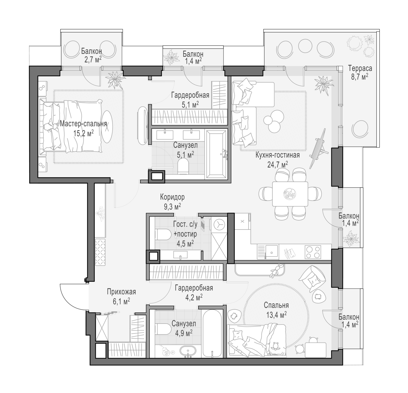 3-комн., 91.72 м², 2/9 этаж, ЖК «Квартал Тишинский бульвар»