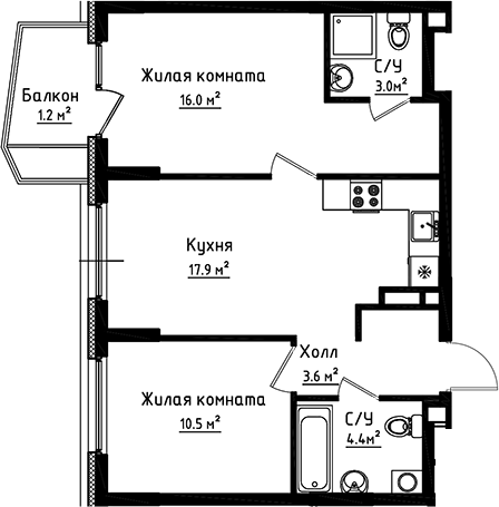 2-комн., 55.4 м², 2/6 этаж, ЖК «Коллекция»