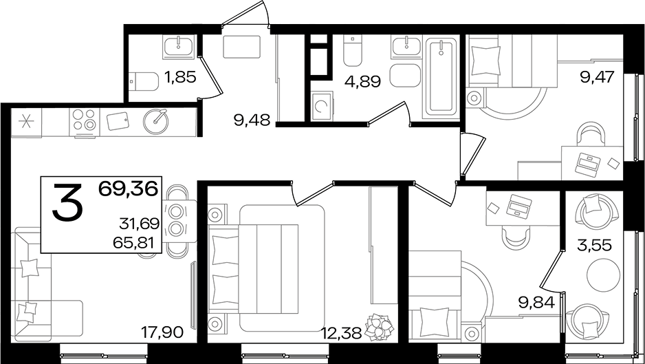 4-комн. квартира, 65.81 м² в ЖК Патрики — фото 2