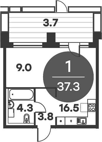1-комн., 36.49 м², 1/6 этаж, ЖК «Равновесие»