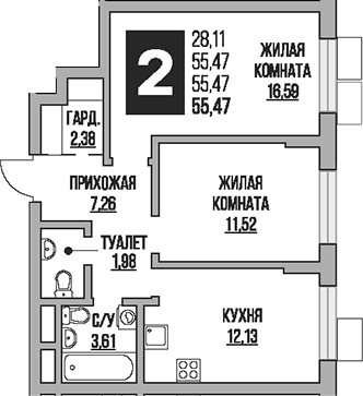 2-комн., 55.47 м², 3/8 этаж, ЖК «Гранель Живописный»