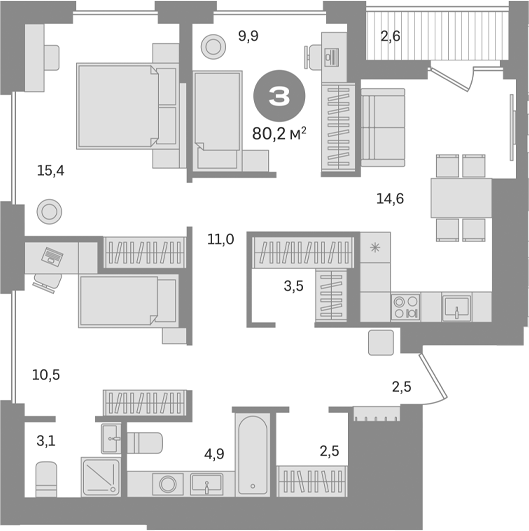 3-комн., 77.6 м², 15/17 этаж, ЖК «Первый квартал. Вторая очередь»