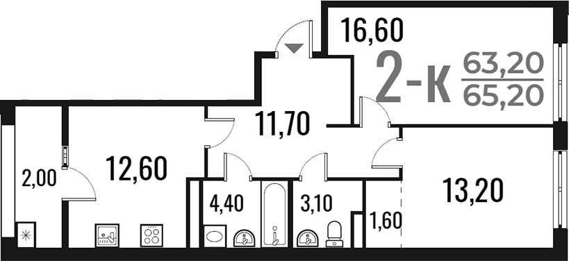 2-комн., 63.2 м², 3/7 этаж, ЖК «Новое Летово»