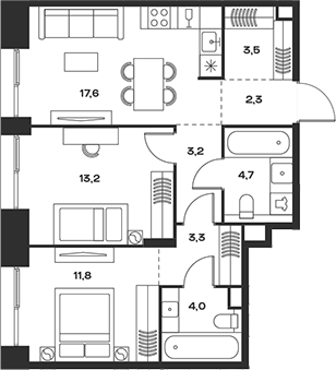 3-комн., 63.6 м², 10/18 этаж, ЖК «СОУЛ»