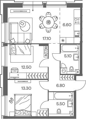3-комн., 66.9 м², 2/12 этаж, ЖК «Инджой»
