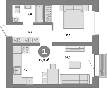 1-комн., 41.3 м², 15/24 этаж, ЖК «Метроном»