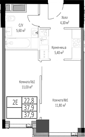 2-комн., 37.9 м², 16/35 этаж, ЖК «Мираполис»