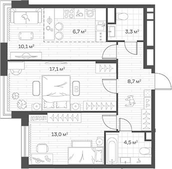 3-комн., 63.4 м², 2/12 этаж, ЖК «Аристов Берег»