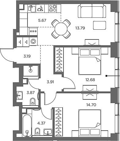 3-комн., 62.18 м², 23/49 этаж, ЖК «TATE»