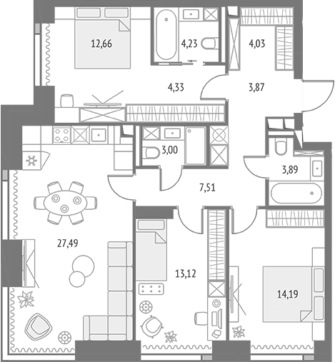 4+ комнаты, 98.32 м², 11/47 этаж, ЖК «Апсайд Тауэрс»