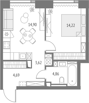 2-комн., 42.29 м², 34/47 этаж, ЖК «Апсайд Тауэрс»