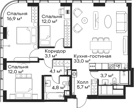 4+ комнаты, 95.3 м², 43/59 этаж, ЖК «Сити Бэй»