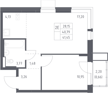 2-комн., 40.79 м², 16/17 этаж, ЖК «Квартал Авиаторов»