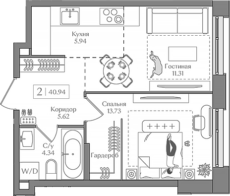 2-комн., 40.94 м², 12/14 этаж, ЖК «Преображенская площадь»