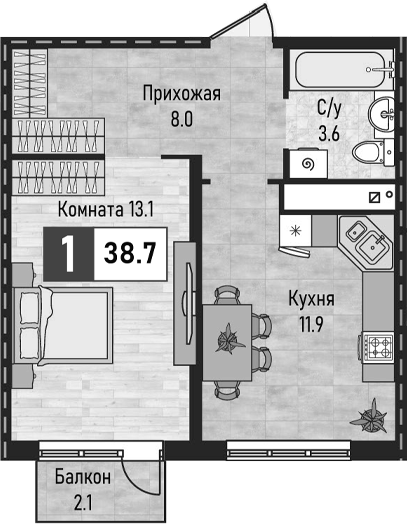 1-комн., 36.6 м², 2/8 этаж, ЖК «Живописный»