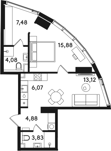 2-комн., 55.34 м², 9/41 этаж, ЖК «СОЛОС»