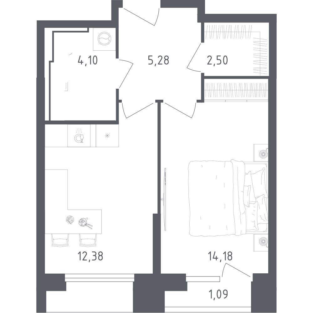 1-комн., 38.44 м², 9/28 этаж, ЖК «Скай Спутник»