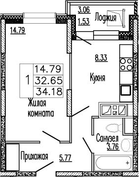 1-комн., 34.07 м², 7/9 этаж, ЖК «Клевер»