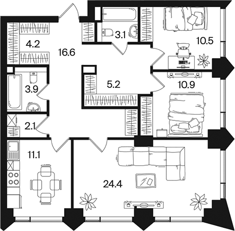 3-комн., 92 м², 29/44 этаж, ЖК «РАКУРС»