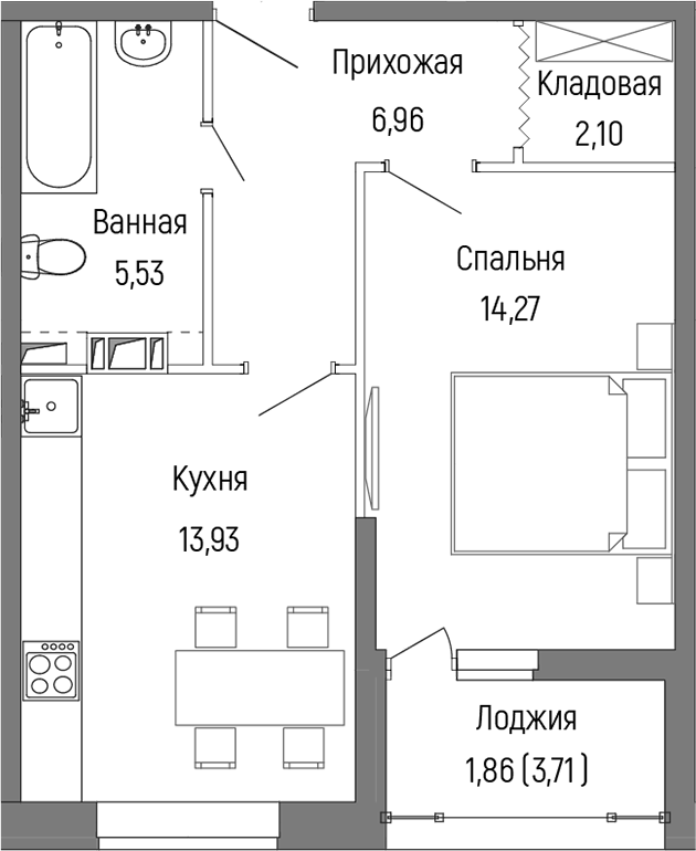 1-комн., 42.79 м², 2/9 этаж, ЖК «Рига Хиллс»