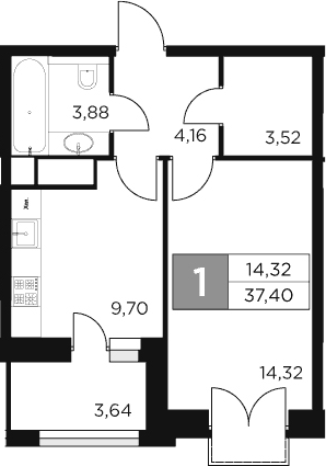 1-комн., 35.58 м², 8/15 этаж, ЖК «Восток 2»
