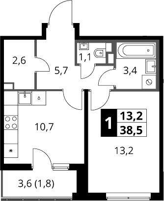 1-комн., 36.7 м², 2/8 этаж, ЖК «1-й Химкинский»