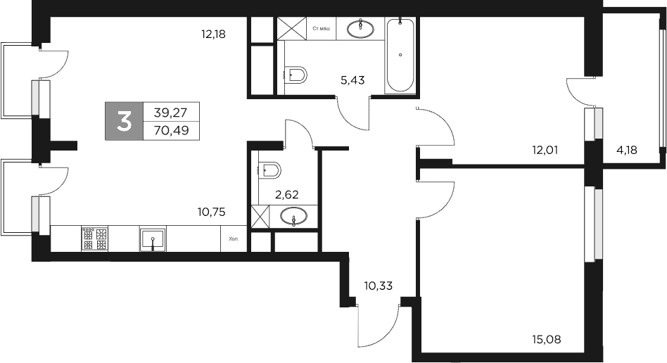 3-комн., 68.4 м², 14/17 этаж, ЖК «Восток 2»